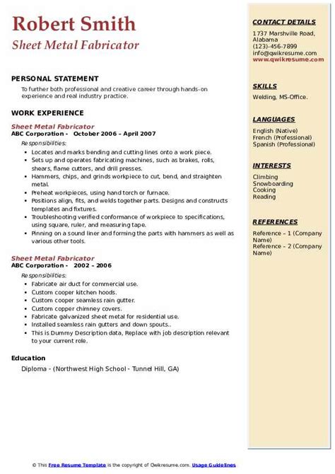 sheet metal resume|sheet metal fabricator resume.